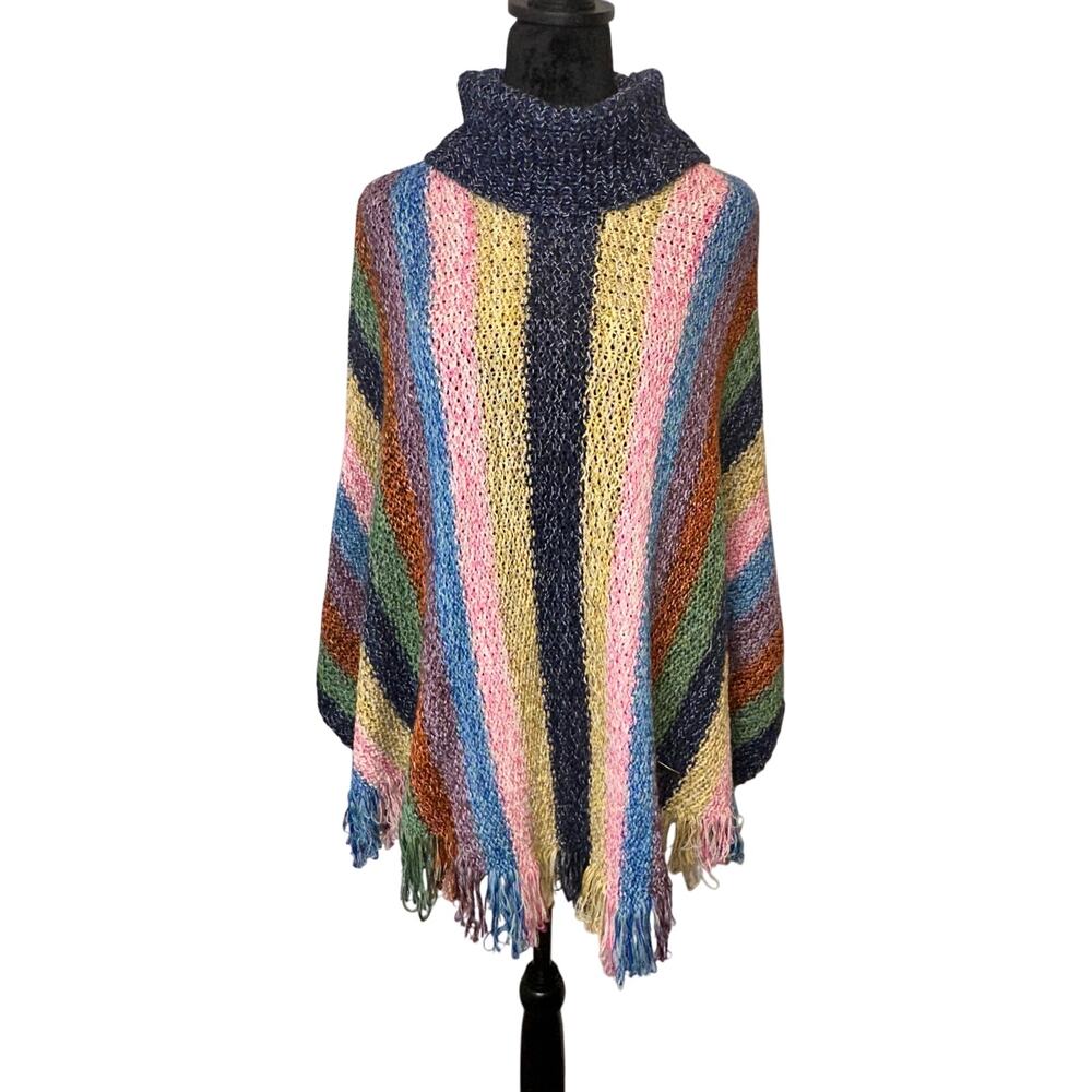 Punto Aparte‎ Multicolor Knit Stripe Turtleneck Poncho One Size Fringe Tassels